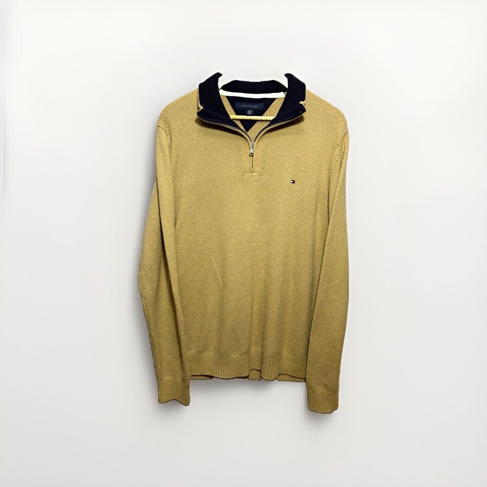 Tommy Hilfiger Quarter Zip Sweater Mens L Beige Tan Navy Collar Flag Logo Knit